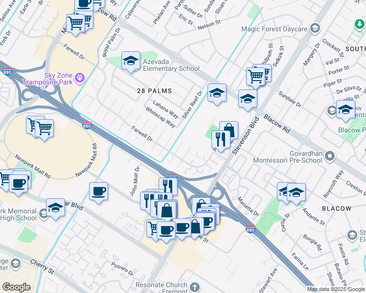 map of restaurants, bars, coffee shops, grocery stores, and more near 5604 Lemke Place in Fremont