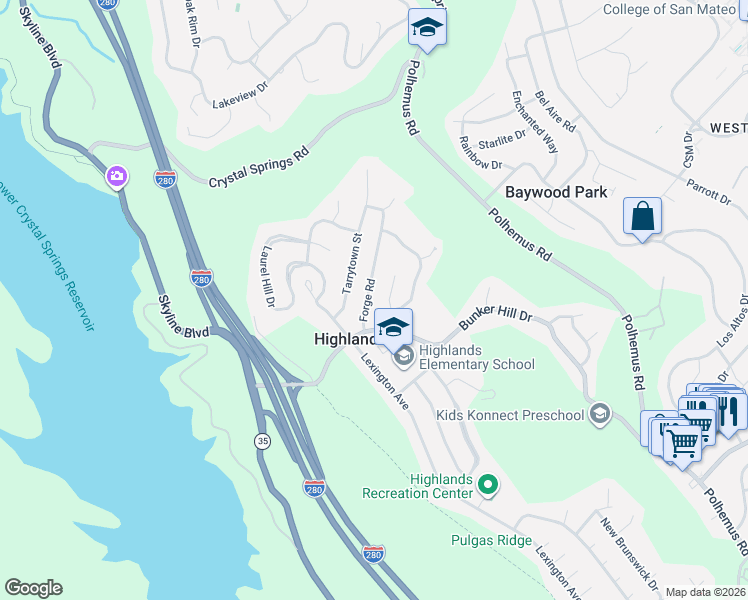 map of restaurants, bars, coffee shops, grocery stores, and more near 1591 Forge Road in San Mateo