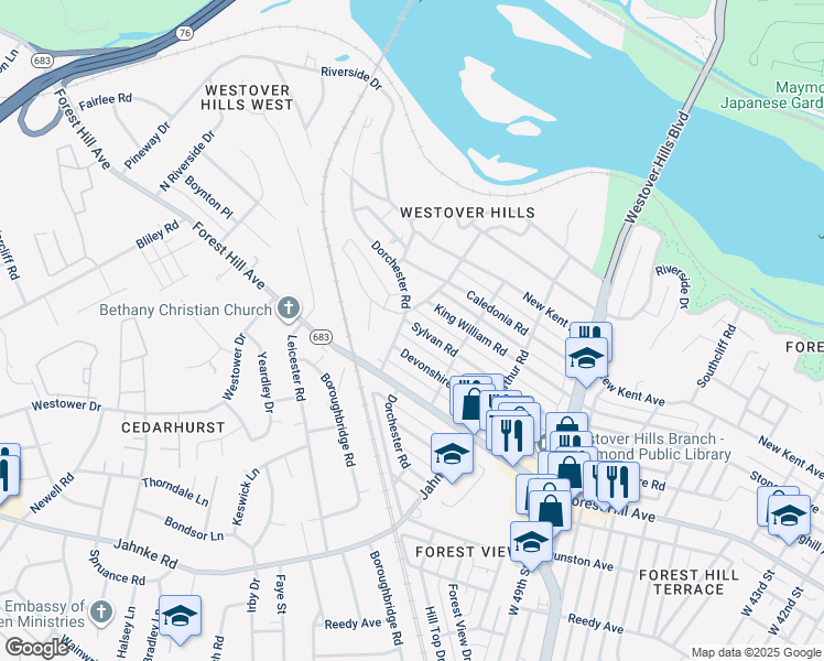 map of restaurants, bars, coffee shops, grocery stores, and more near 5220 Sylvan Road in Richmond