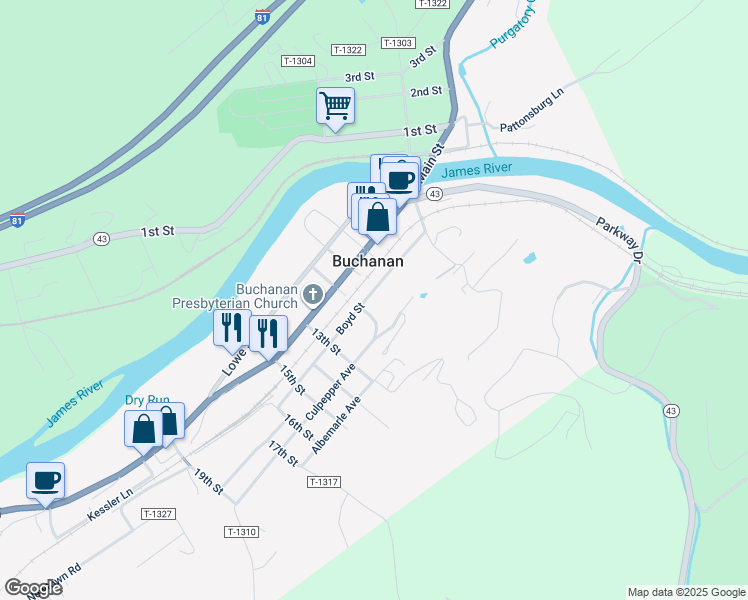 map of restaurants, bars, coffee shops, grocery stores, and more near 342 Boyd Street in Buchanan