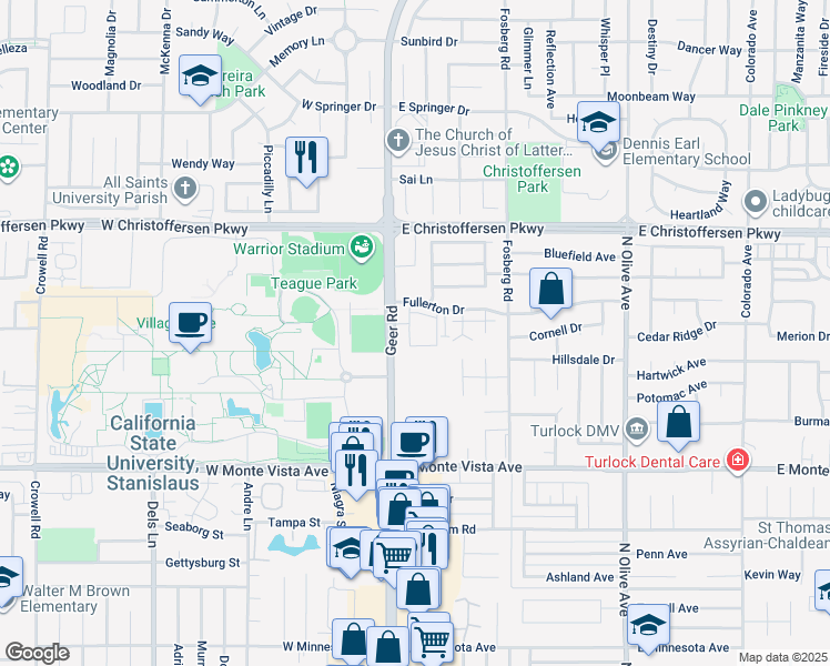 map of restaurants, bars, coffee shops, grocery stores, and more near 3608 Nicole Court in Turlock