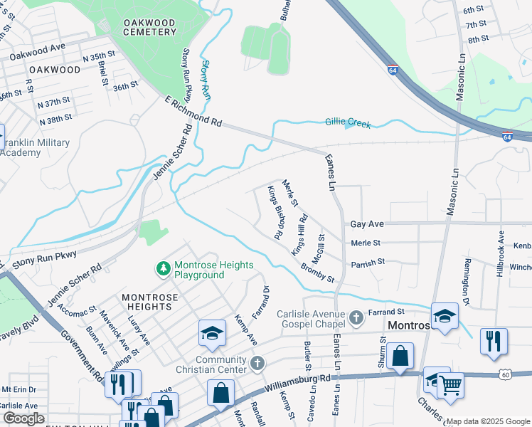 map of restaurants, bars, coffee shops, grocery stores, and more near 4425 Crown Squire Road in Richmond