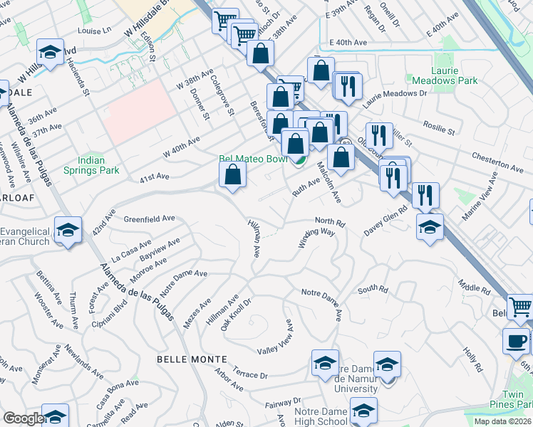 map of restaurants, bars, coffee shops, grocery stores, and more near 1720 Hillman Avenue in Belmont