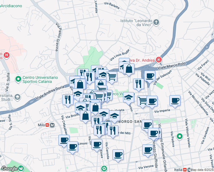 map of restaurants, bars, coffee shops, grocery stores, and more near 4-18 Via Grazia Deledda in Catania