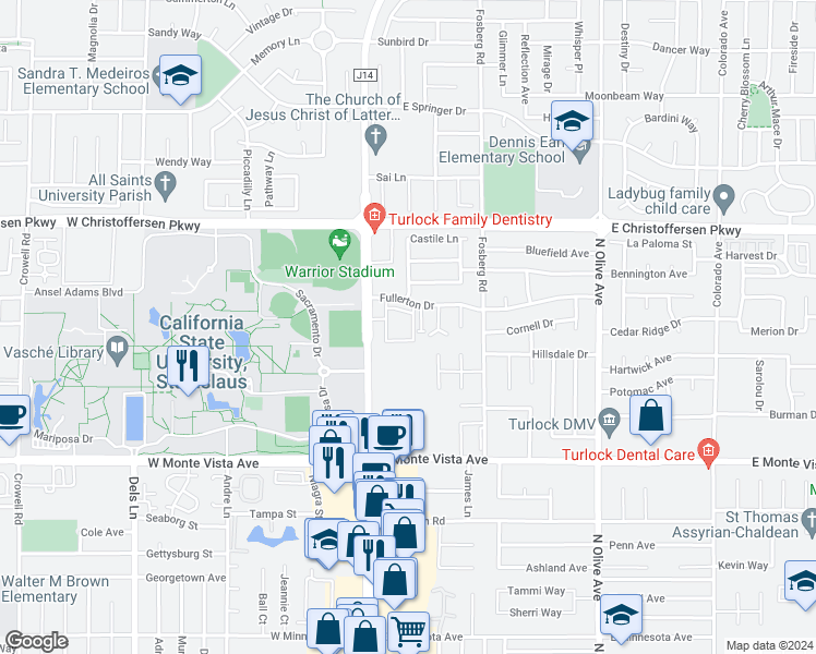 map of restaurants, bars, coffee shops, grocery stores, and more near 3623 Nicole Court in Turlock