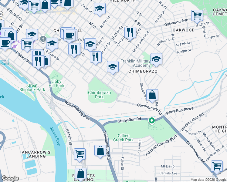 map of restaurants, bars, coffee shops, grocery stores, and more near 3491 East Broad Street in Richmond
