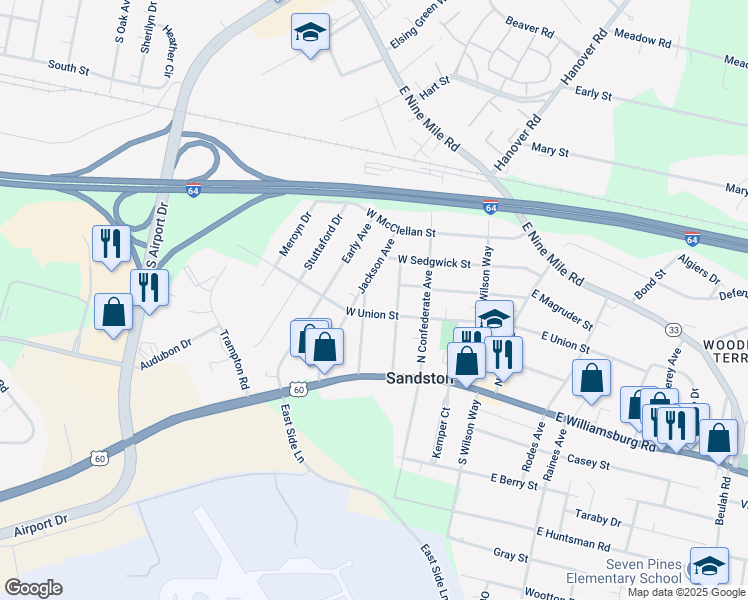 map of restaurants, bars, coffee shops, grocery stores, and more near 202 Carter Avenue in Sandston