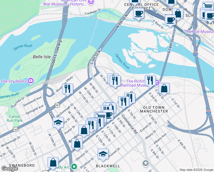 map of restaurants, bars, coffee shops, grocery stores, and more near 300 West 7th Street in Richmond