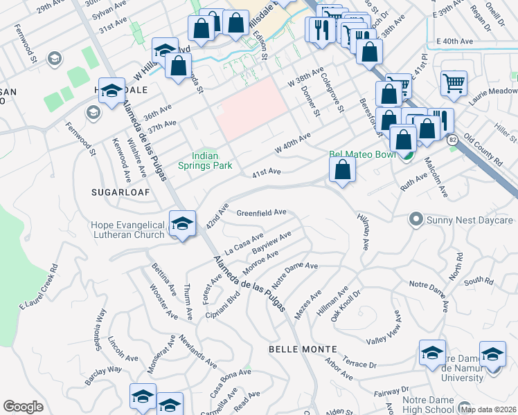 map of restaurants, bars, coffee shops, grocery stores, and more near 279 Greenfield Avenue in San Mateo