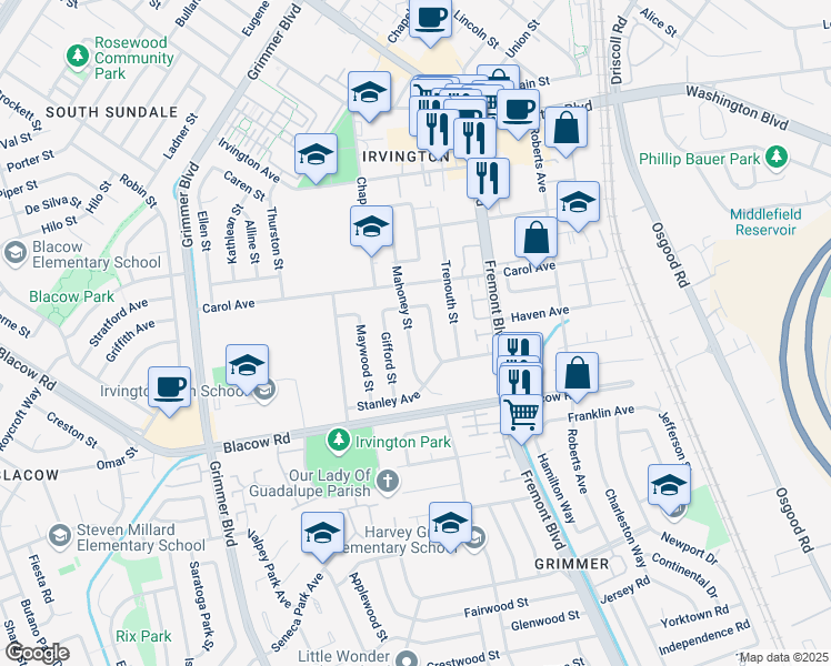 map of restaurants, bars, coffee shops, grocery stores, and more near 41674 Mahoney Street in Fremont