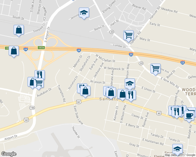 map of restaurants, bars, coffee shops, grocery stores, and more near 202 Carter Avenue in Sandston