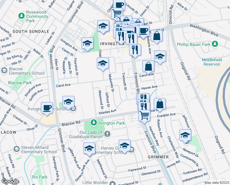 map of restaurants, bars, coffee shops, grocery stores, and more near 41674 Mahoney Street in Fremont