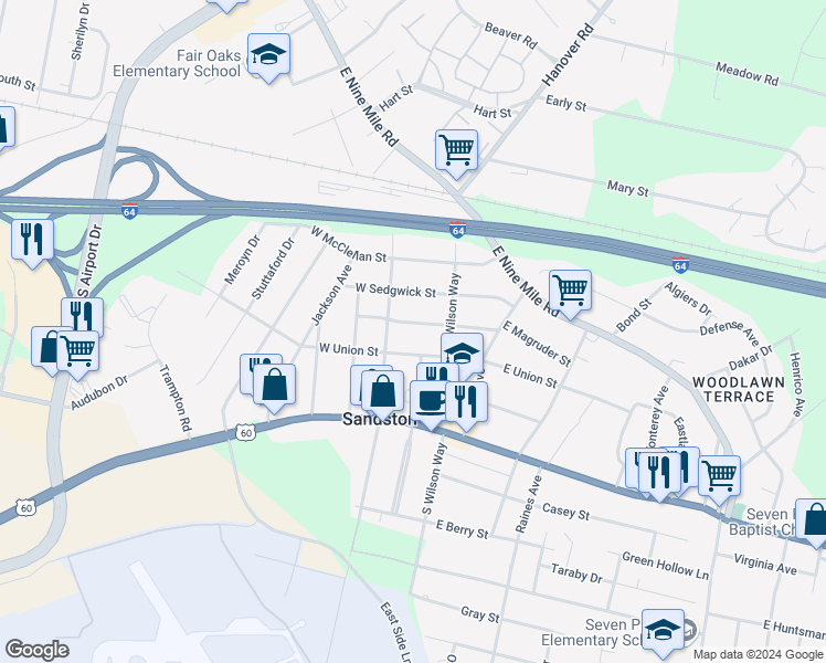 map of restaurants, bars, coffee shops, grocery stores, and more near 13 West Magruder Street in Sandston