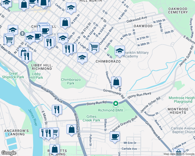 map of restaurants, bars, coffee shops, grocery stores, and more near 3622 East Broad Street in Richmond