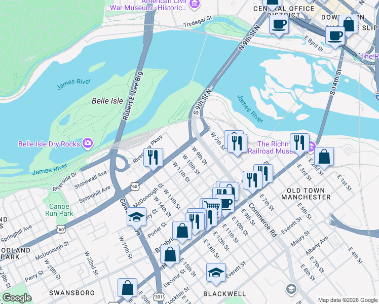 map of restaurants, bars, coffee shops, grocery stores, and more near 1000 Semmes Avenue in Richmond