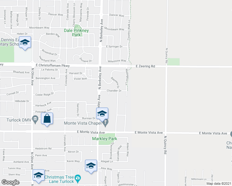map of restaurants, bars, coffee shops, grocery stores, and more near 1752 Chandler Drive in Turlock