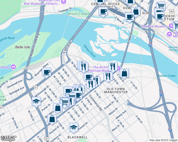 map of restaurants, bars, coffee shops, grocery stores, and more near 505 Porter Street in Richmond