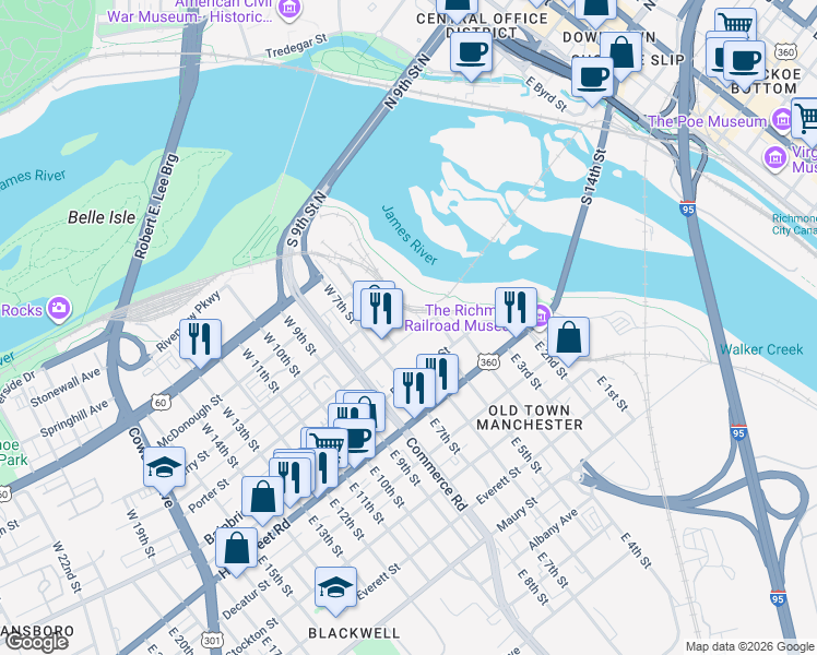 map of restaurants, bars, coffee shops, grocery stores, and more near 505 Porter Street in Richmond