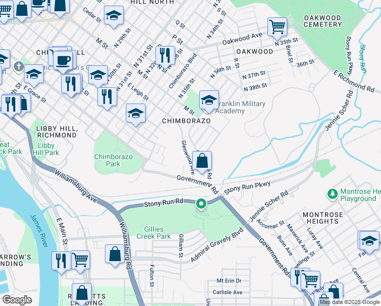 map of restaurants, bars, coffee shops, grocery stores, and more near 3802 Glenwood Avenue in Richmond