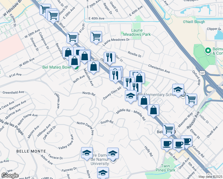 map of restaurants, bars, coffee shops, grocery stores, and more near 300 Davey Glen Road in Belmont