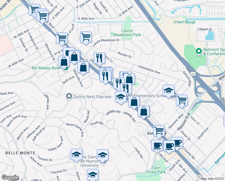 map of restaurants, bars, coffee shops, grocery stores, and more near 400 El Camino Real in Belmont
