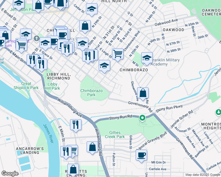 map of restaurants, bars, coffee shops, grocery stores, and more near 3512 East Broad Street in Richmond