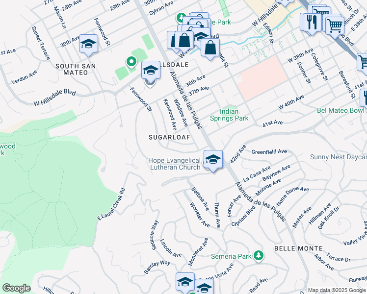 map of restaurants, bars, coffee shops, grocery stores, and more near 3920 Marshall Avenue in San Mateo