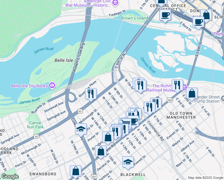 map of restaurants, bars, coffee shops, grocery stores, and more near 901 McDonough Street in Richmond