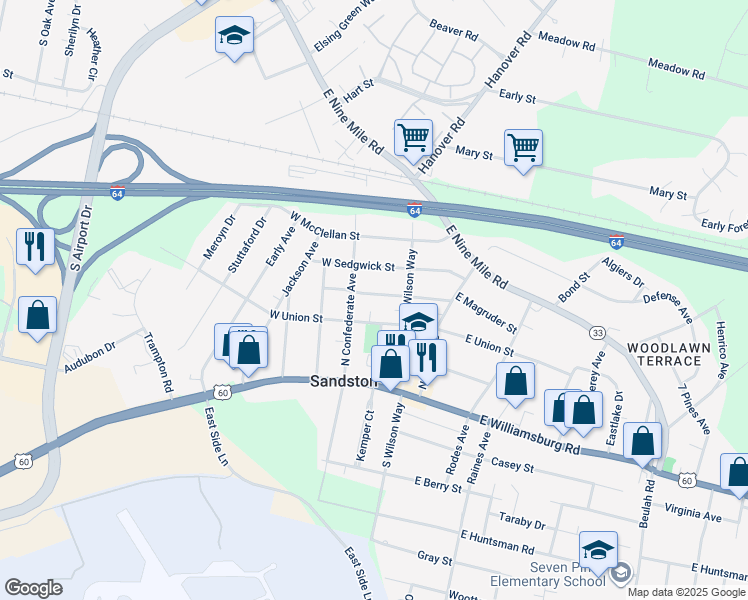 map of restaurants, bars, coffee shops, grocery stores, and more near 13 West Magruder Street in Sandston