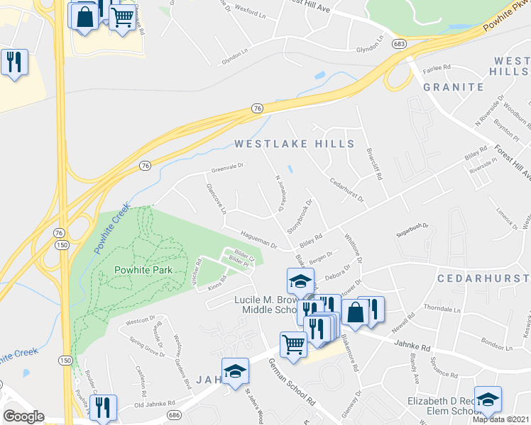 map of restaurants, bars, coffee shops, grocery stores, and more near 6500 West Junaluska Drive in Richmond