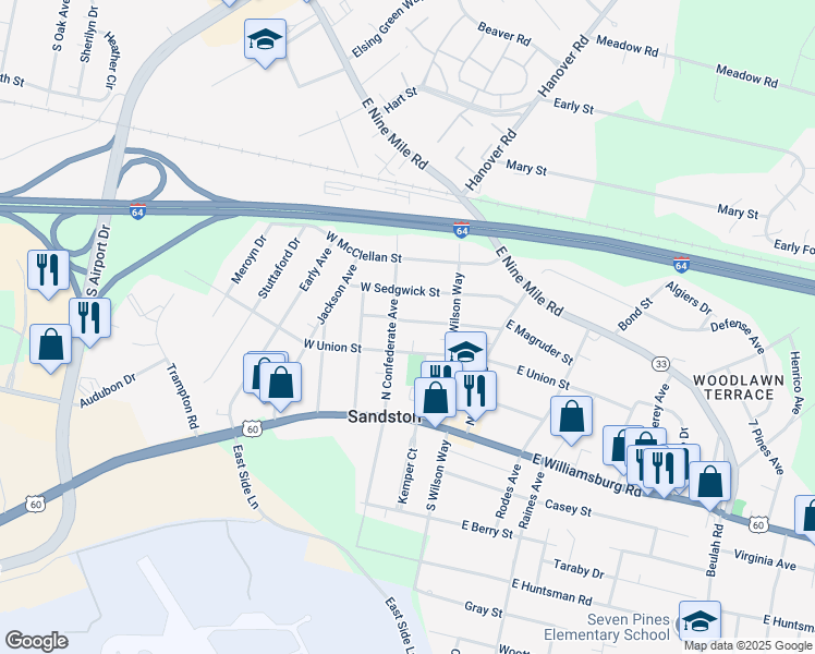 map of restaurants, bars, coffee shops, grocery stores, and more near 17 West Magruder Street in Sandston