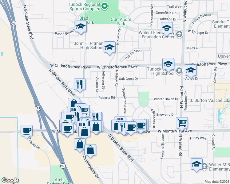 map of restaurants, bars, coffee shops, grocery stores, and more near 2406 Roberts Road in Turlock