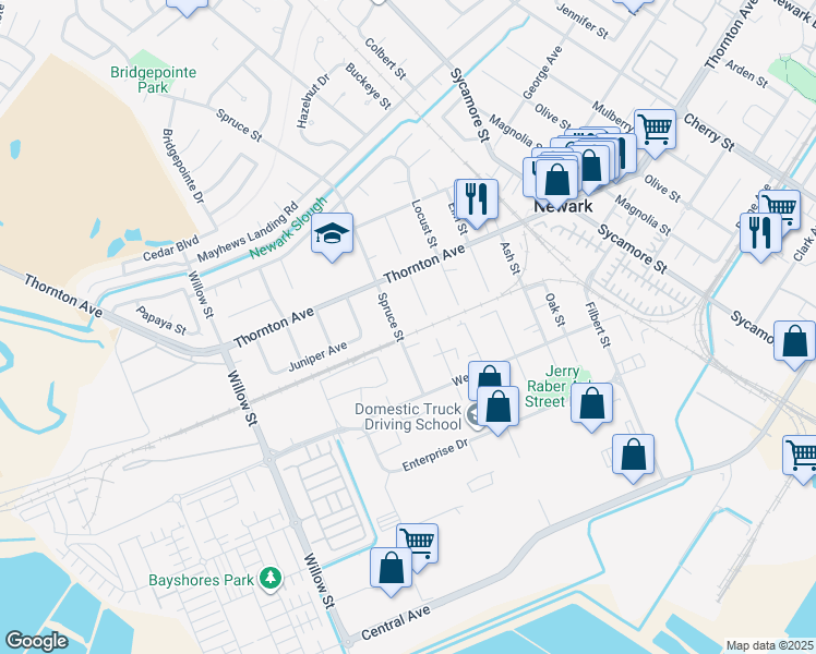 map of restaurants, bars, coffee shops, grocery stores, and more near 37120 Spruce Street in Newark