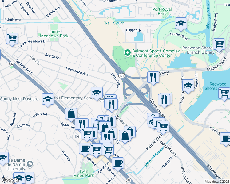 map of restaurants, bars, coffee shops, grocery stores, and more near 407 Wessex Way in Belmont