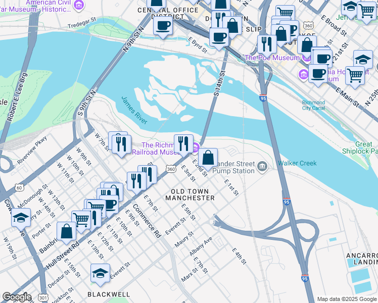 map of restaurants, bars, coffee shops, grocery stores, and more near 7 East 2nd Street in Richmond