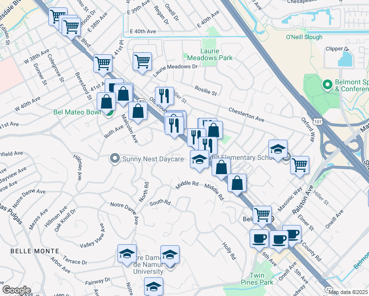 map of restaurants, bars, coffee shops, grocery stores, and more near 400 El Camino Real in Belmont