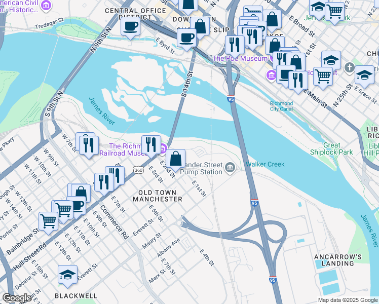 map of restaurants, bars, coffee shops, grocery stores, and more near 101 Manchester Road in Richmond