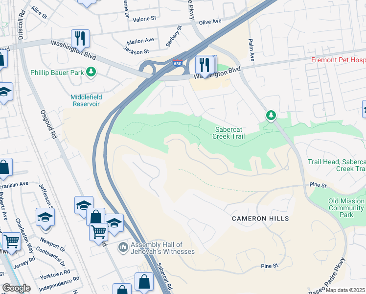 map of restaurants, bars, coffee shops, grocery stores, and more near 2164 Ocaso Camino in Fremont