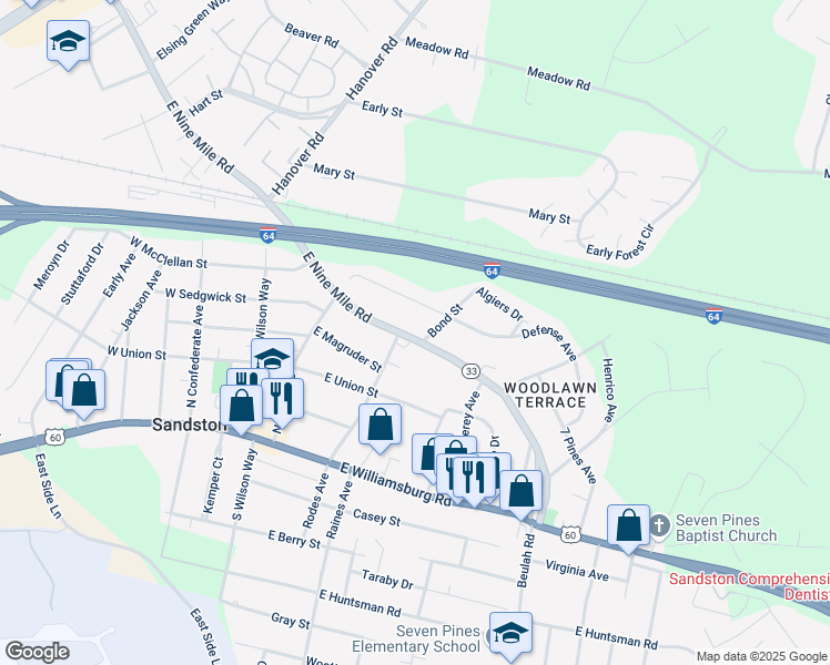 map of restaurants, bars, coffee shops, grocery stores, and more near 2024 East 9 Mile Road in Sandston