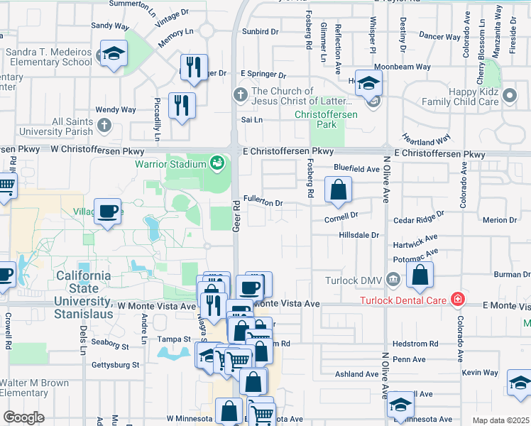 map of restaurants, bars, coffee shops, grocery stores, and more near 3629 Nicole Court in Turlock