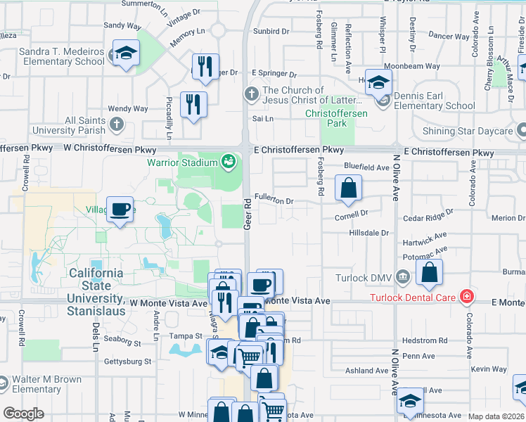 map of restaurants, bars, coffee shops, grocery stores, and more near 3701 Santa Ynez Avenue in Turlock