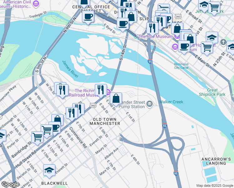 map of restaurants, bars, coffee shops, grocery stores, and more near 101 Manchester Road in Richmond