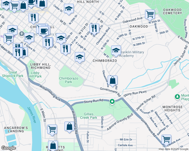 map of restaurants, bars, coffee shops, grocery stores, and more near 3611 East Marshall Street in Richmond