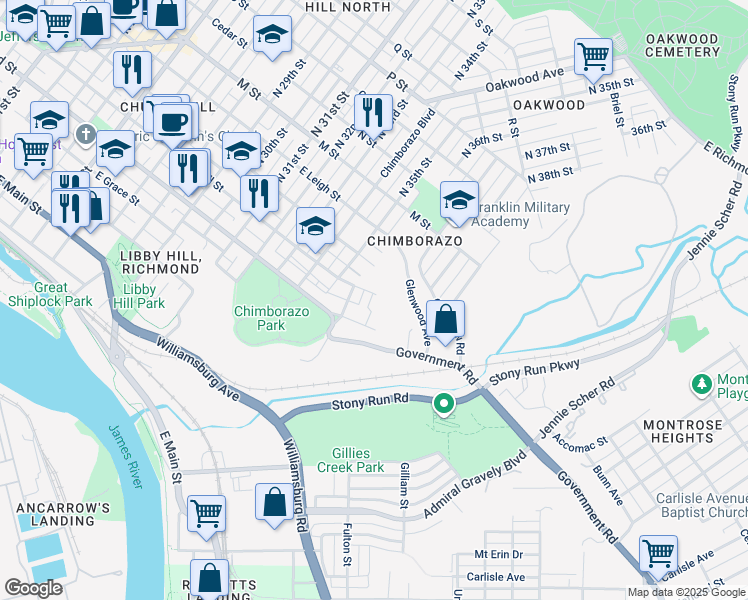 map of restaurants, bars, coffee shops, grocery stores, and more near 401 North 35th Street in Richmond