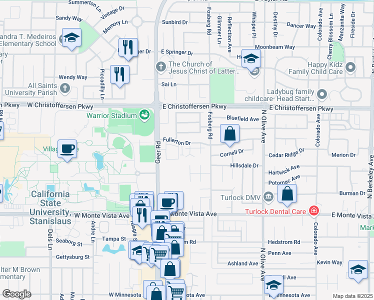 map of restaurants, bars, coffee shops, grocery stores, and more near 295 Fullerton Drive in Turlock