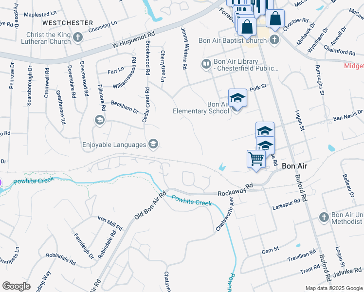 map of restaurants, bars, coffee shops, grocery stores, and more near 2238 Brookwood Road in Richmond