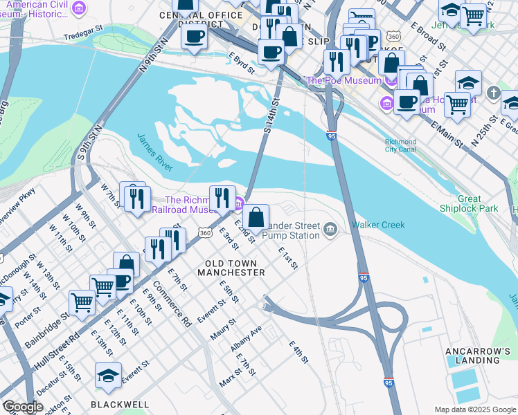 map of restaurants, bars, coffee shops, grocery stores, and more near 3 Manchester Road in Richmond
