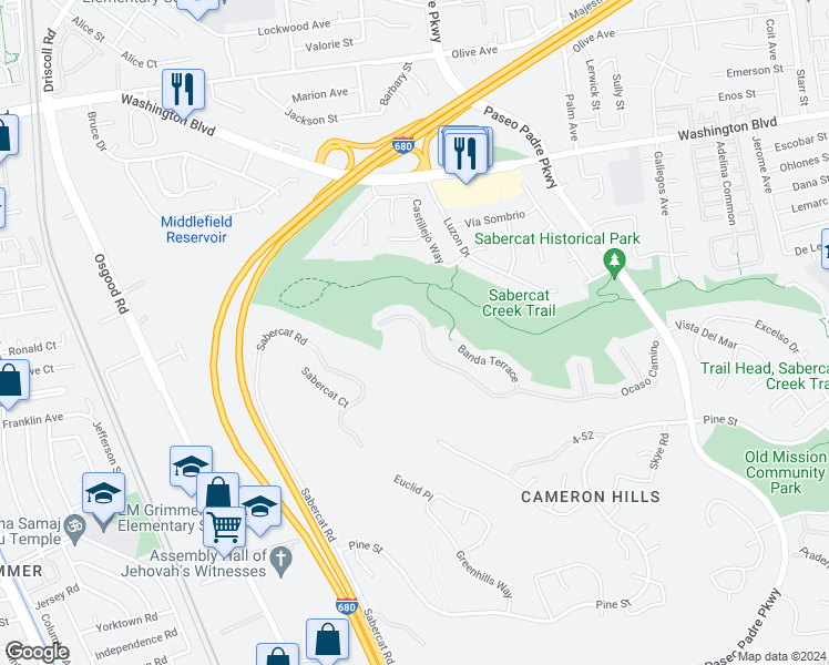 map of restaurants, bars, coffee shops, grocery stores, and more near 2164 Ocaso Camino in Fremont