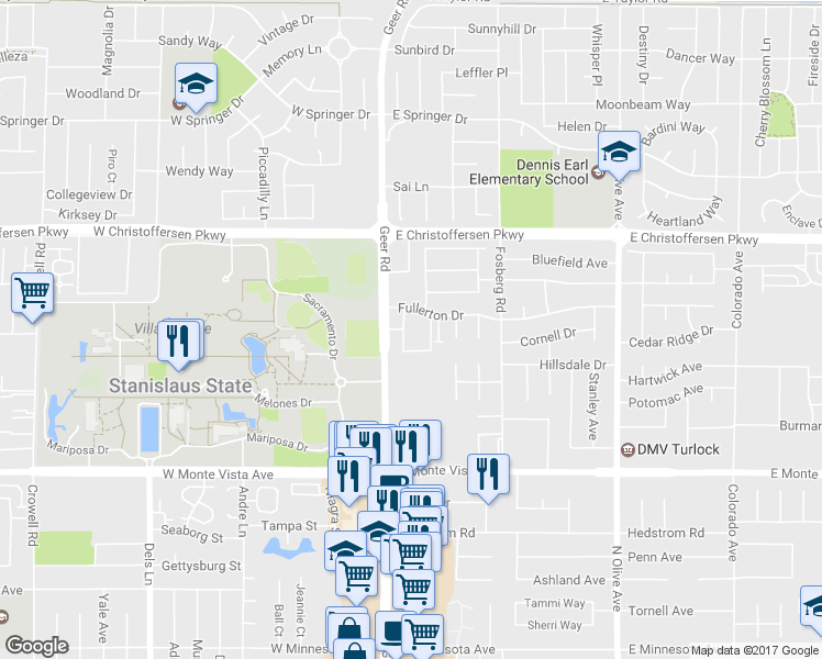 map of restaurants, bars, coffee shops, grocery stores, and more near 3701 Santa Ynez Avenue in Turlock