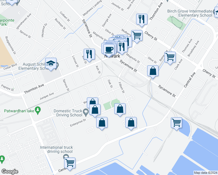 map of restaurants, bars, coffee shops, grocery stores, and more near 37184 Oak Street in Newark